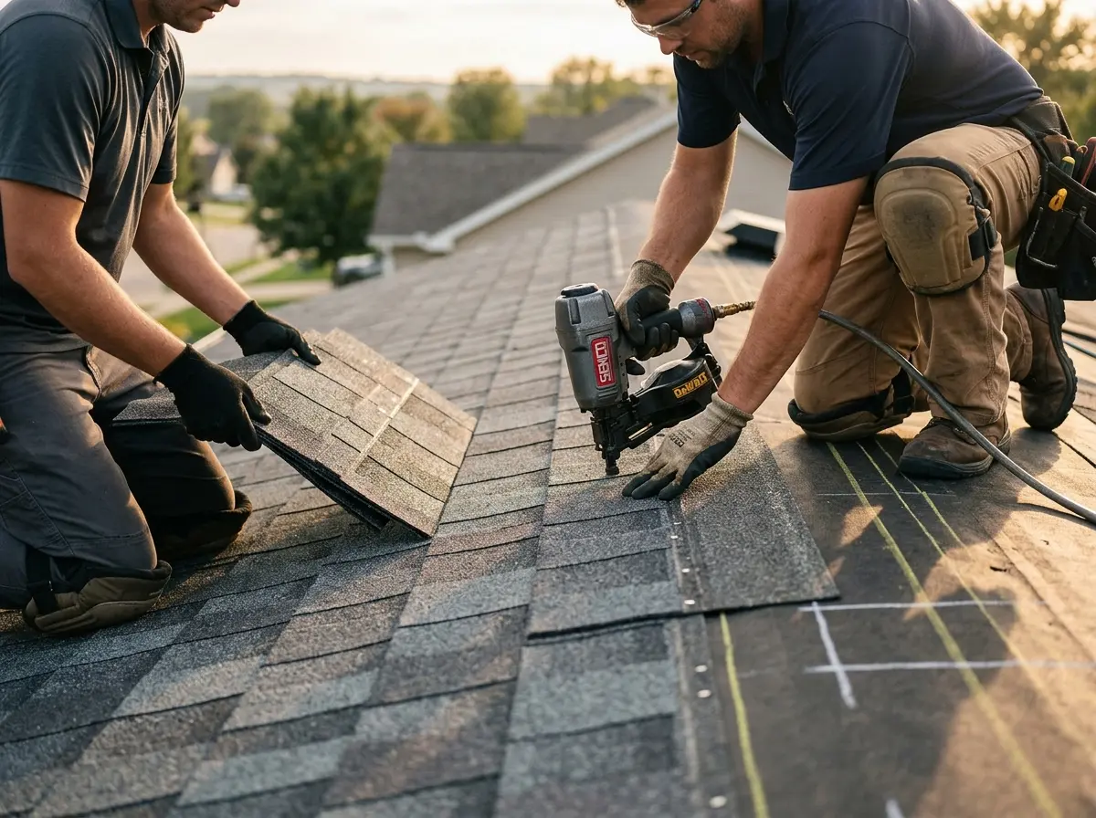 Professional roofer working on a residential roof in Belmar